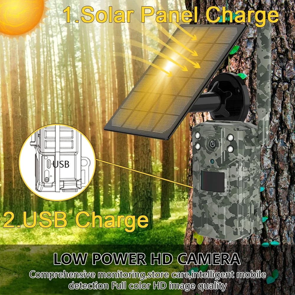 Caméra solaire 14MP 4G SIM étanche IP66 détection PIR 20m pour surveillance faune pêche
