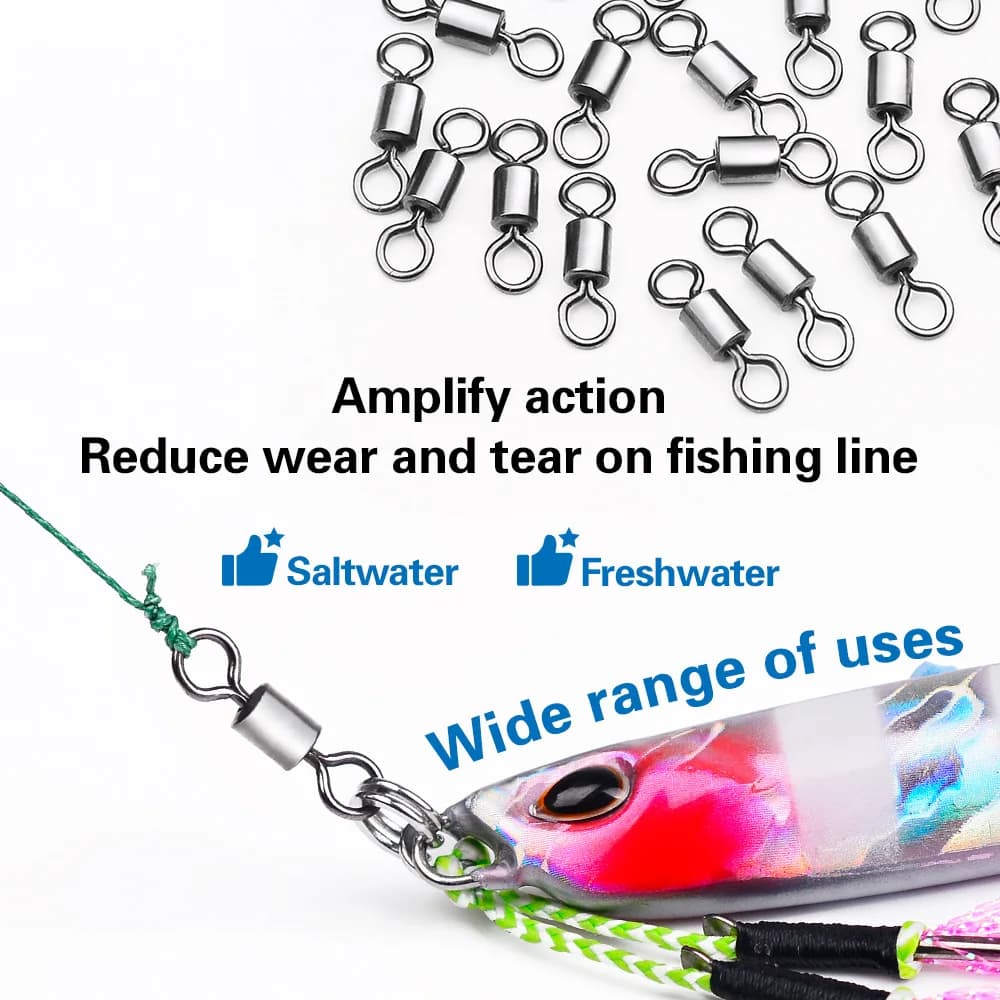 50 pièces émerillons roulants en acier inoxydable solide avec anneaux et connecteur pour leurres de pêche