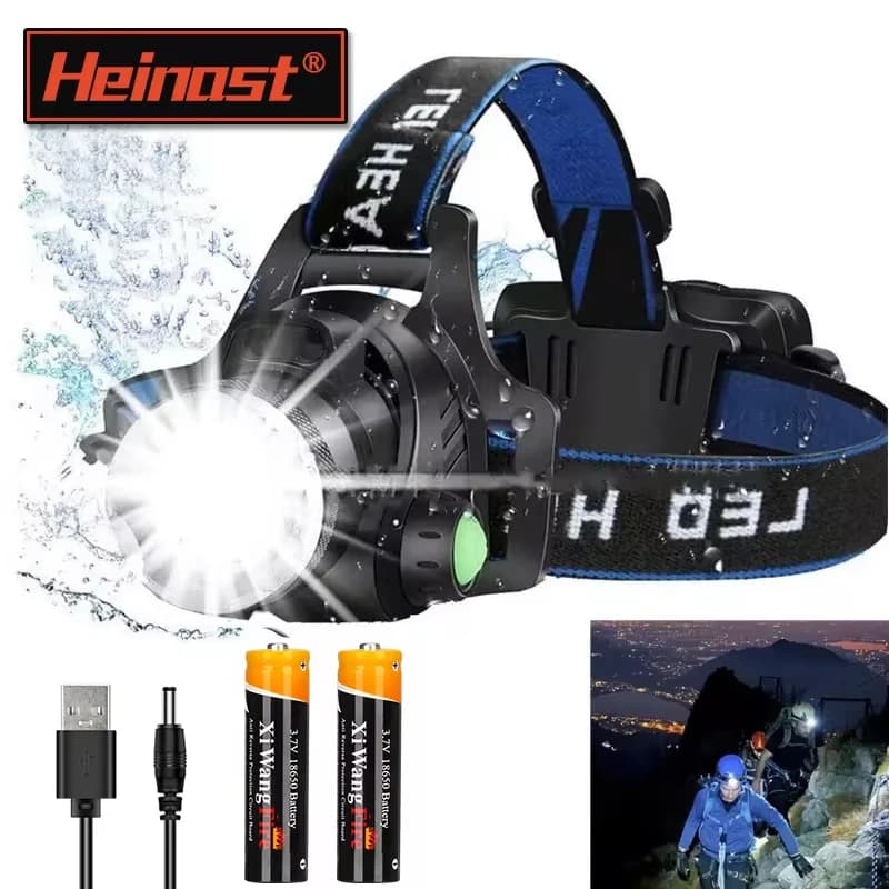 Lampe frontale LED T6 waterproof pour pêche - 3 modes et zoom, alimentation 2x18650 batteries