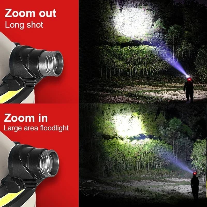 Lampe frontale puissante LED 7 modes XPE+COB avec capteur pour pêche chasse et activités outdoor