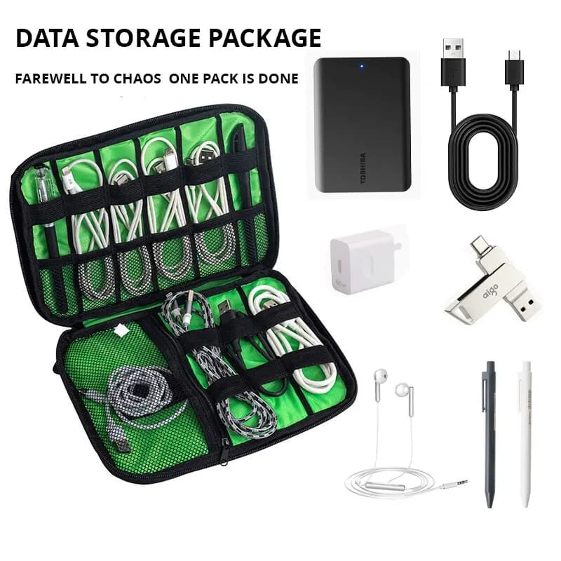 Organisateur électronique portable noir et vert - Étui étanche pour câbles USB et chargeurs de voyage