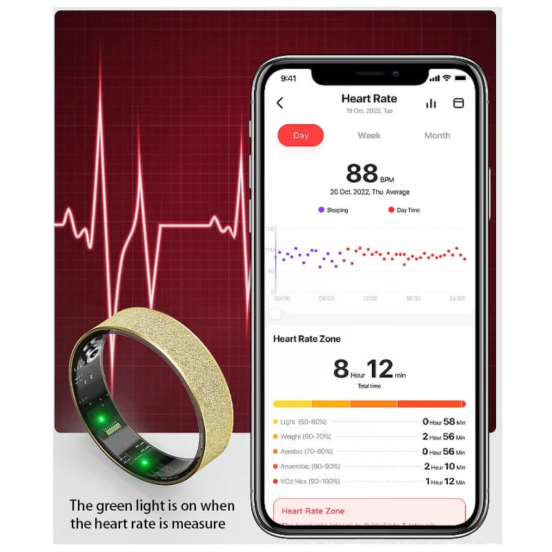 Bague connectée sport IP68 - Moniteur fréquence cardiaque, oxygène sanguin, sommeil et podomètre