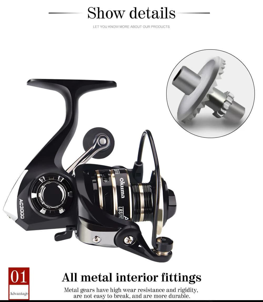 Moulinet OKUMA AC2000-7000 avec poignée grip métal - Ratio 5.2:1 et frein 12KG pour pêche précise
