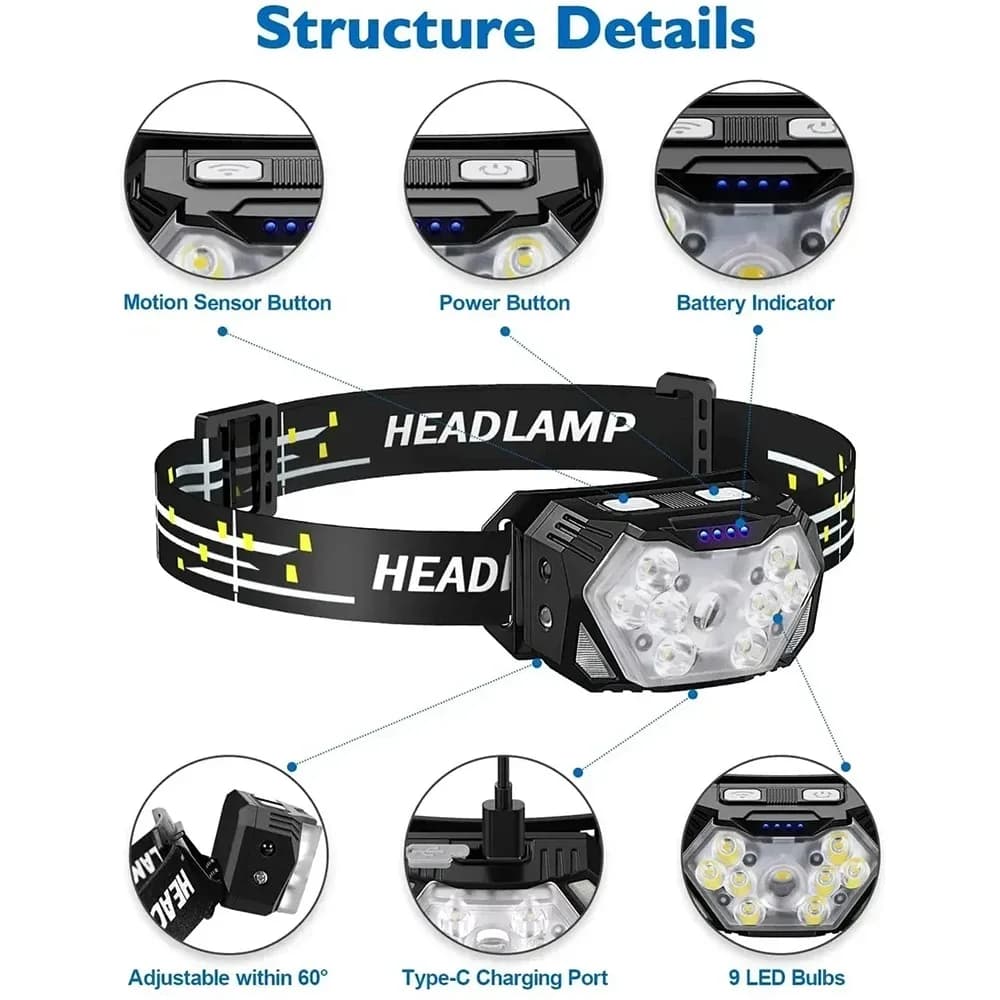 Lampe frontale rechargeable USB avec détecteur de mouvement 9 LED pour pêche camping et travail