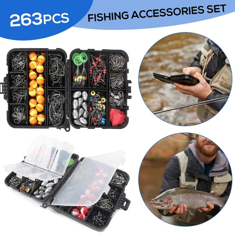 Kit pêche 263 pièces avec boîte à accessoires : pinces, leurres, hameçons et plombs complets