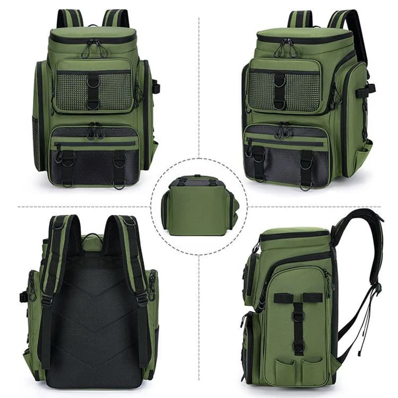 Sac de pêche 50L avec porte-cannes et rangements pour leurres - Grand sac à dos de randonnée