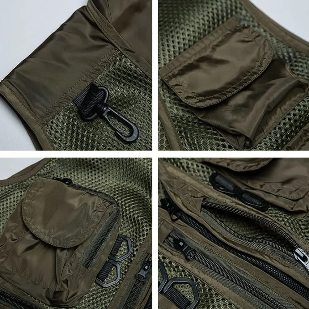 Veste d'été sans manches homme mesh camouflage vert, multi-poches léger et respirant pour pêche