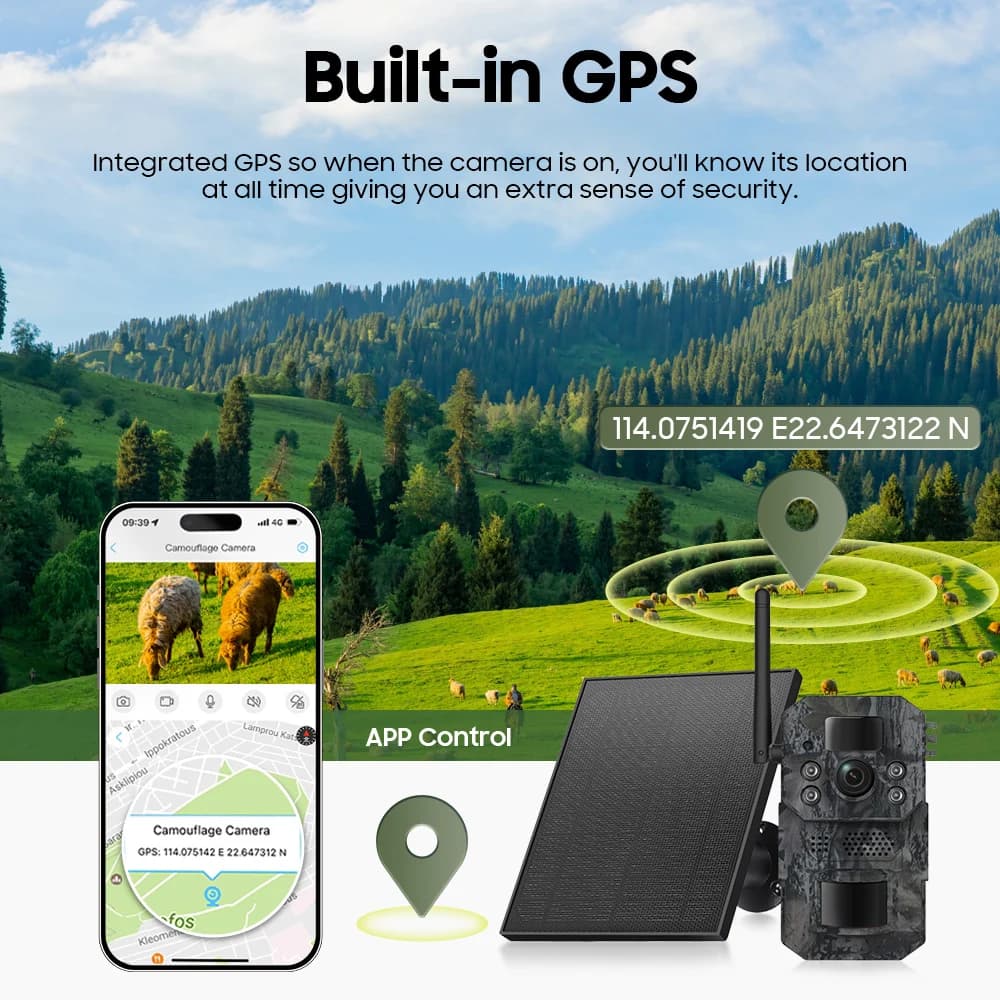 Caméra trail 4G cellulaire solaire 3MP HD étanche IP66 avec détection de mouvement et application Ubox