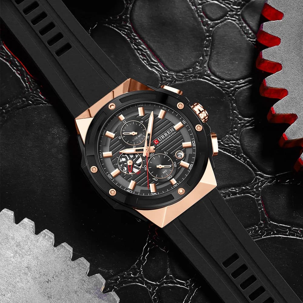 Montre chronographe Curren pour homme sport militaire grand cadran étanche avec bracelet silicone noir