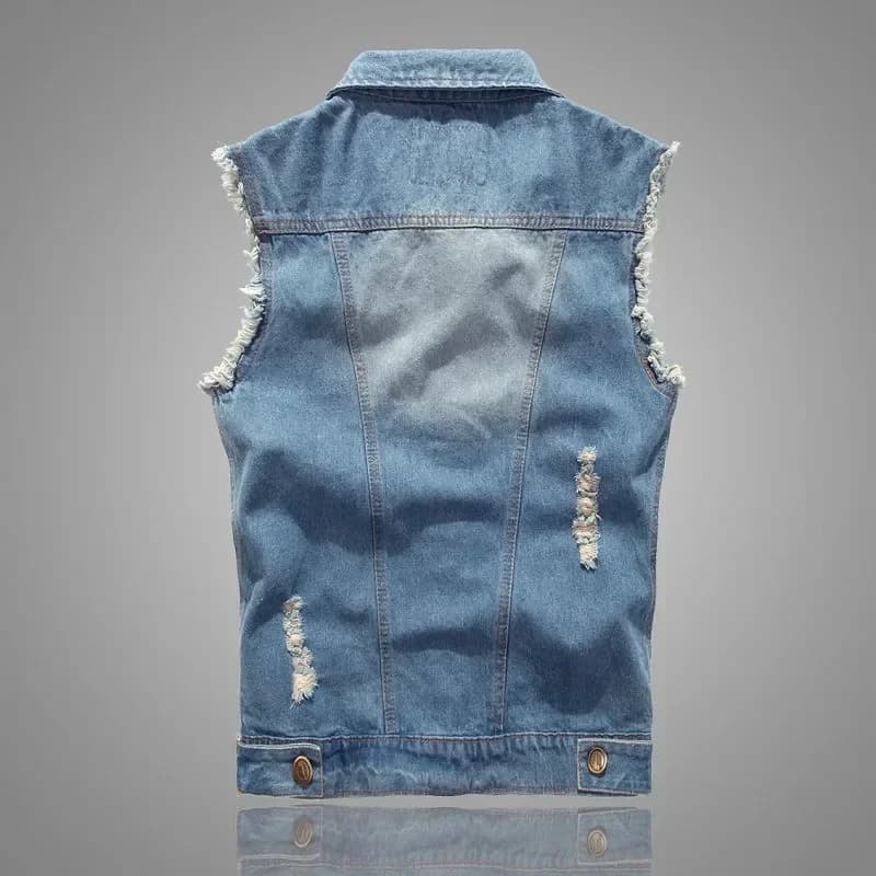 Veste denim déchirée sans manches homme style rétro pour pêche estivale confortable