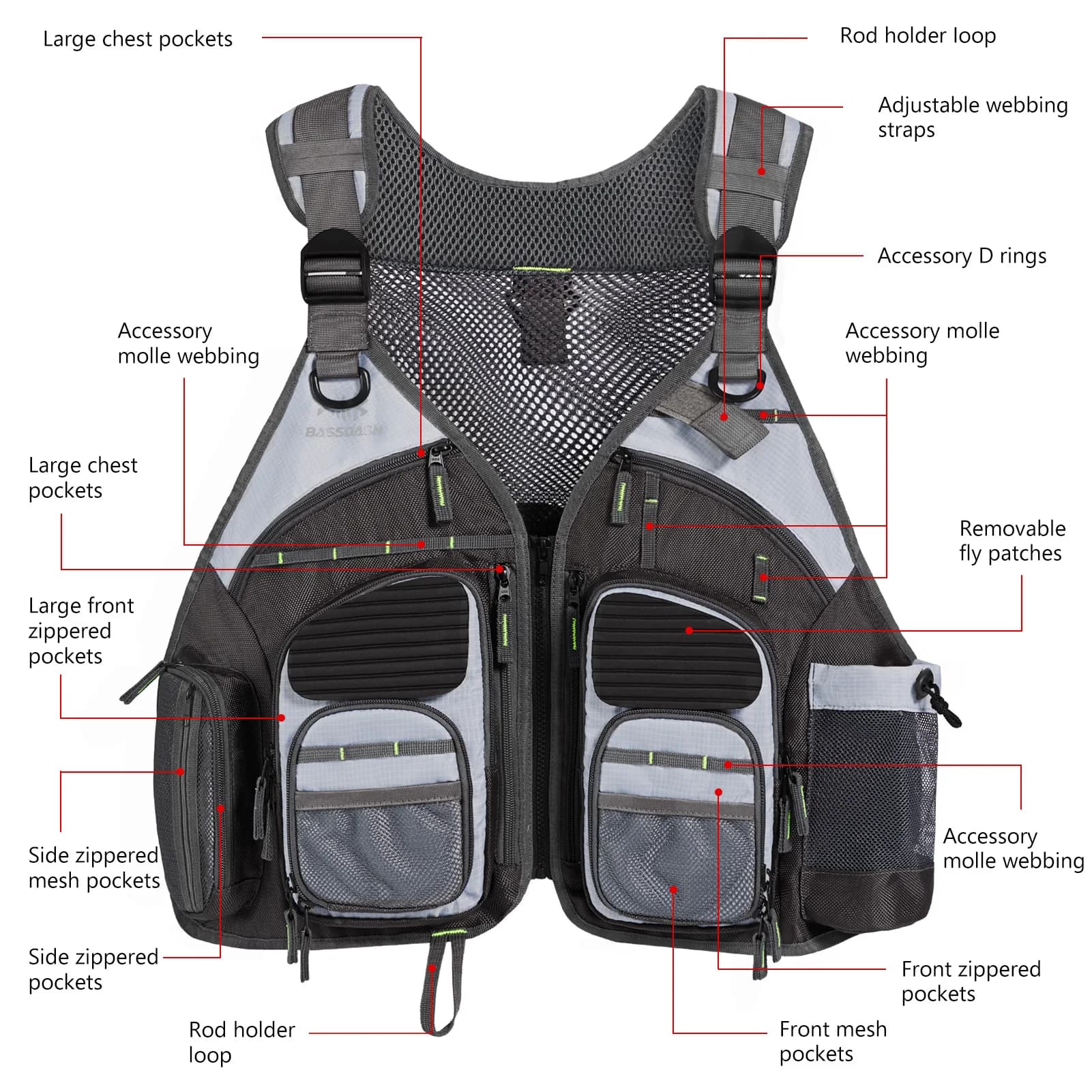 Veste pêche Bassdash ajustable et respirante pour rangement matériel de pêche extérieur