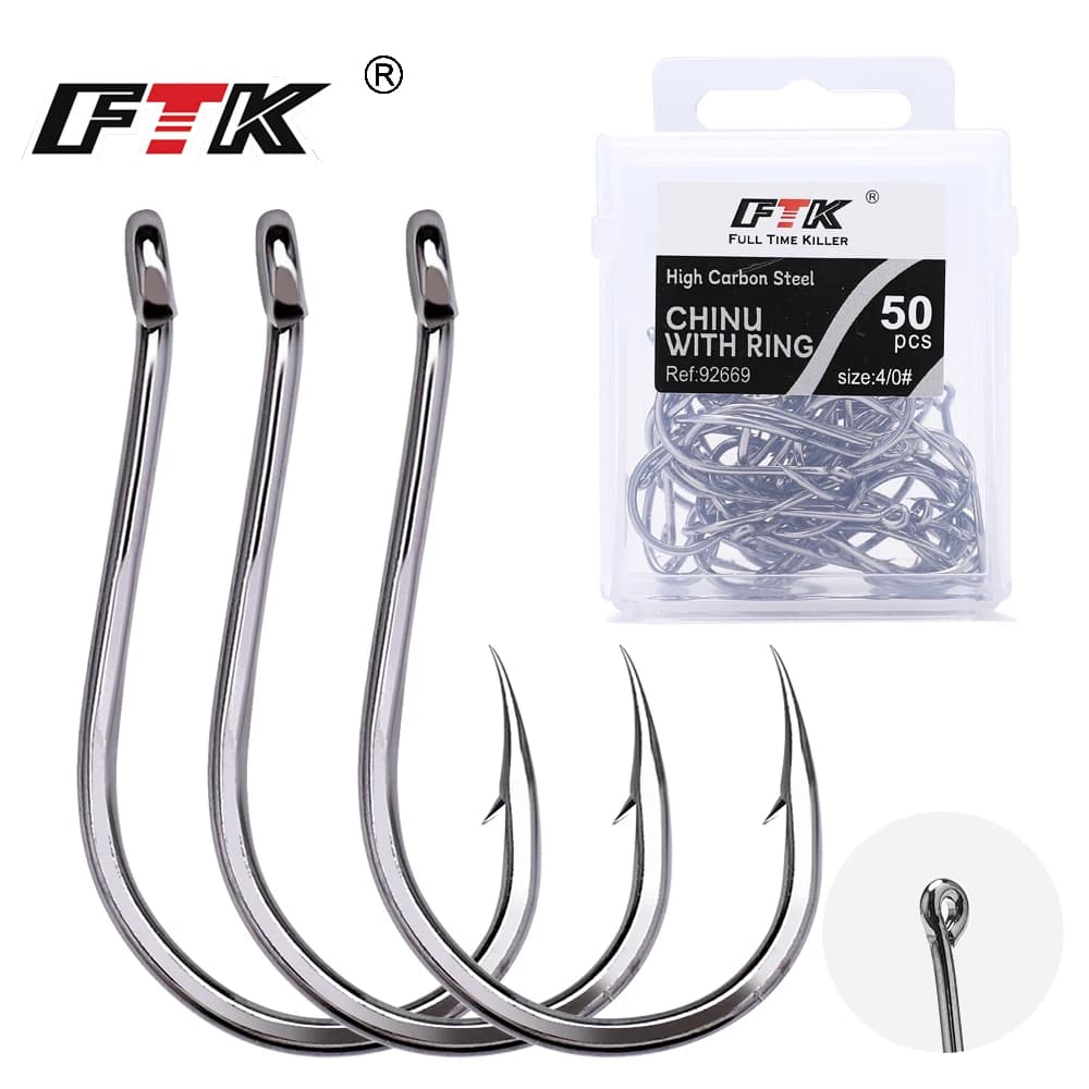 Hameçons FTK CHINU avec anneau barbelé 1/0#-5/0# et 1#-7# pour pêche rocheuse et mer - Acier carbone noir
