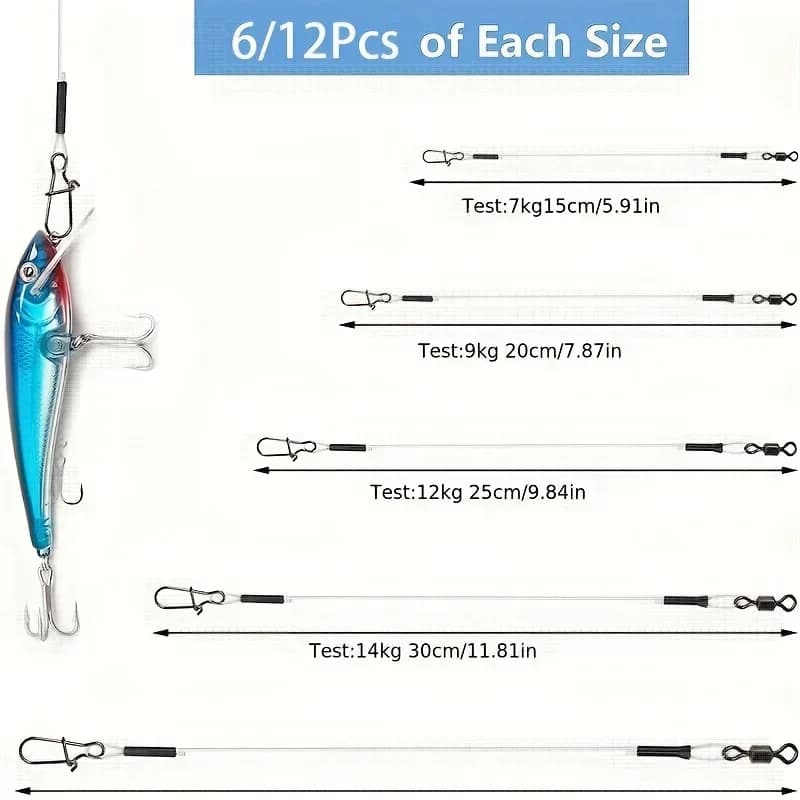 12 leurres de pêche pré-montés sur bas de ligne fluorocarbone 100% invisible, résistants à l'abrasion, avec