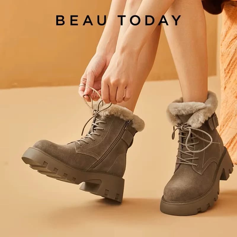 Bottes hiver cuir daim femmes semelle épaisse zip latéral fourrure chaude plateforme pêche artisanales