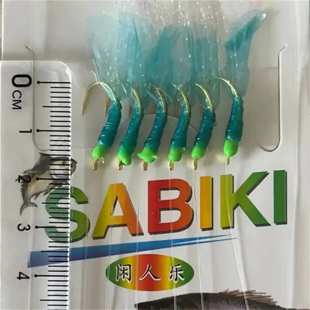Sabiki rig caoutchouc vert avec plumes et hameçons dorés - Leurres mer acier carbone pour pêche appâts