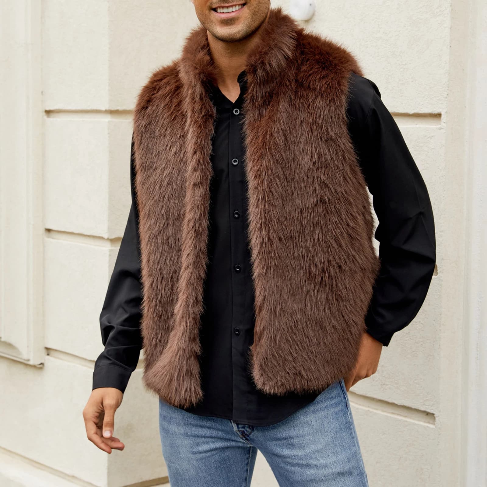 Gilet pêche homme imitation fourrure - Veste sans manches hiver - Vêtement pêche décontracté