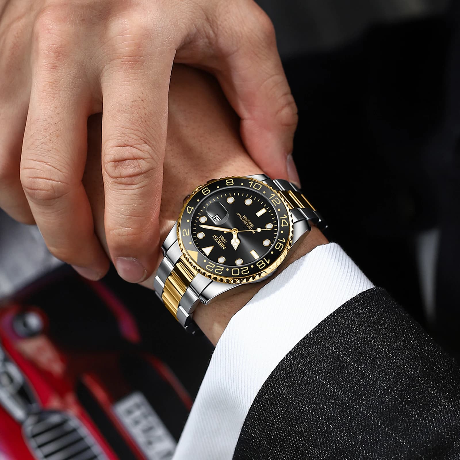Montre homme NIBOSI or noir luxe quartz étanche - Marque haut de gamme acier inoxydable lumineuse Role