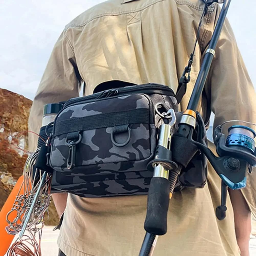Sac bandoulière pêche avec porte-canne portable - Sac de rangement matériel pêche sport outdoor