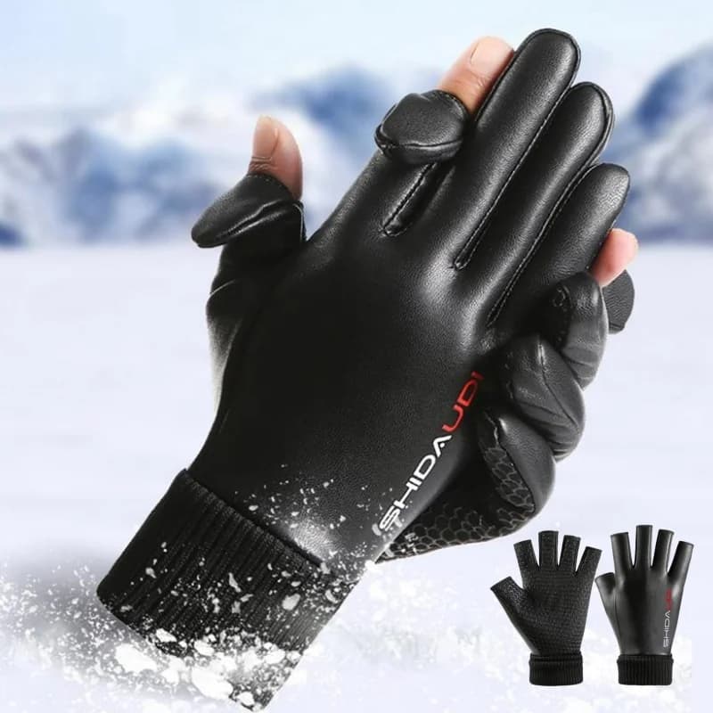 Gants deux doigts rabattables cuir PU chauds imperméables anti-froid hiver vélo conduite pêche