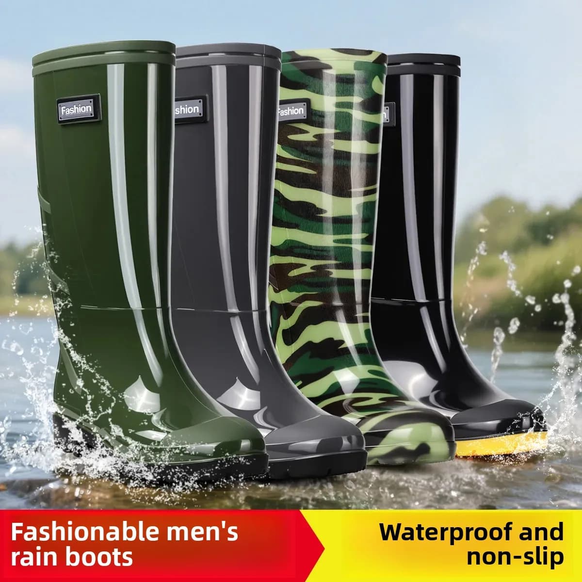 Bottes de pluie homme grises hautes tube sécurité travail camouflage pêche étanches anti-sous-marin