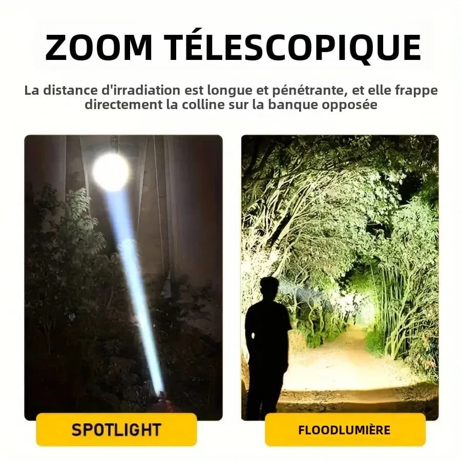 Frontale LED rechargeable 3 modes avec focus réglable 90° pour pêche, chasse et randonnée