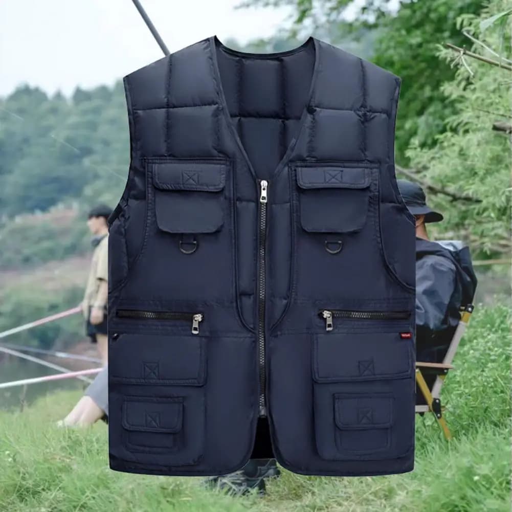 Gilet homme sans manches duvet 10 poches cargo zippé coupe-vent chaud veste multi-poches pêche