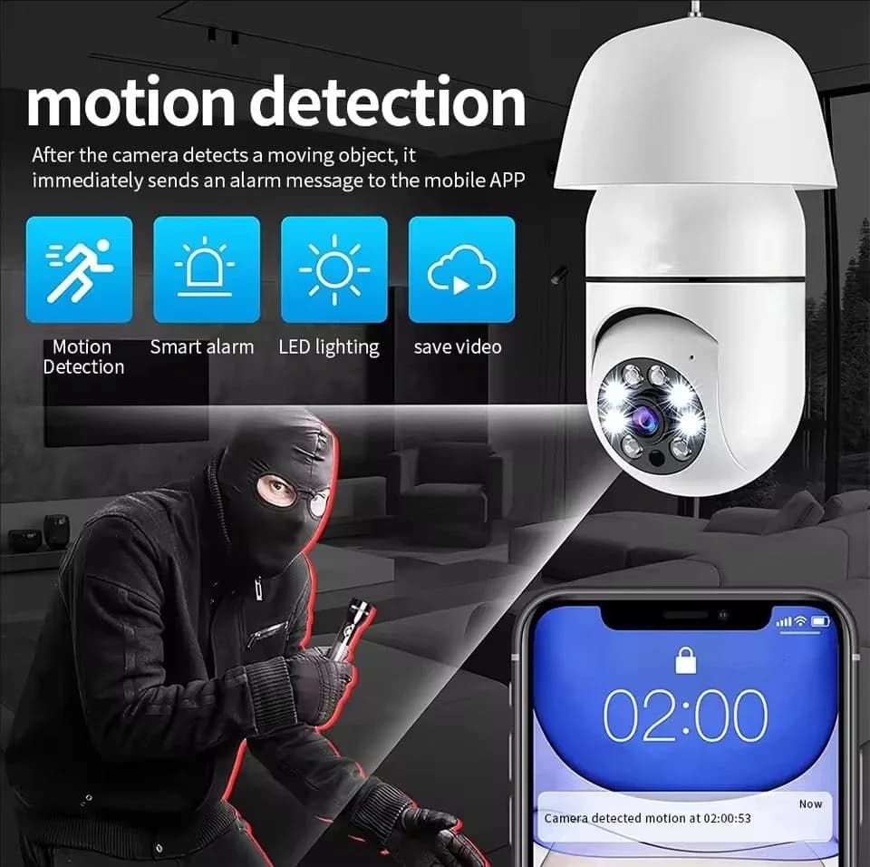 Caméra sécurité ampoule E27 vision nocturne couleur pour abri pêche - détection mouvement wifi