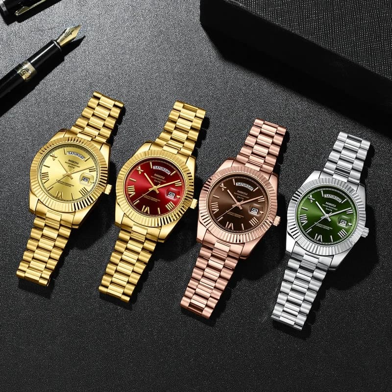 Montre homme NIBOSI luxe or rouge quartz étanche pêcheur affichage date semaine lisible pêche