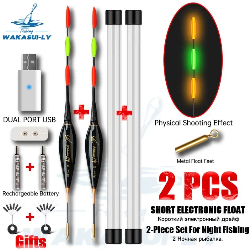 Kit 2 flotteurs pêche nocturne roche avec chargeur double - Nouveau WAKASUILY œil court batterie rechargeable