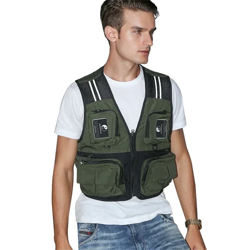 Gilet pêche poches amovibles respirant maille grille confortable résistant bandes réfléchissantes sécurité