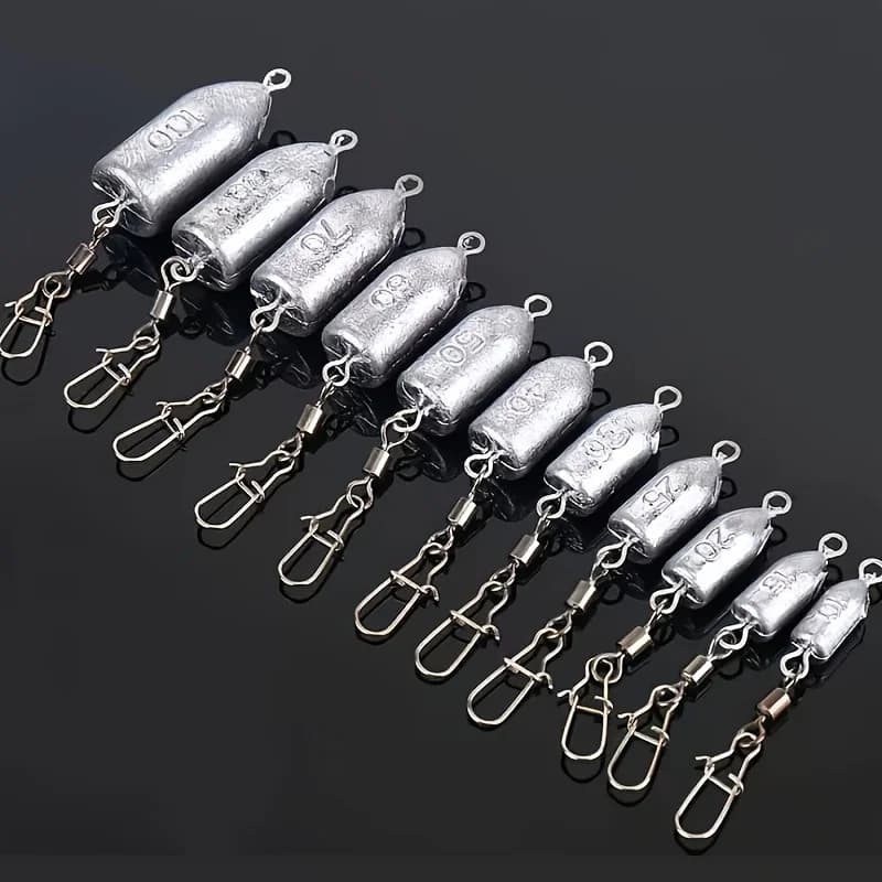 Lot de 5 plombs de pêche avec émerillon snap pour pêche au bar et pêche en mer - 11 tailles disponibles