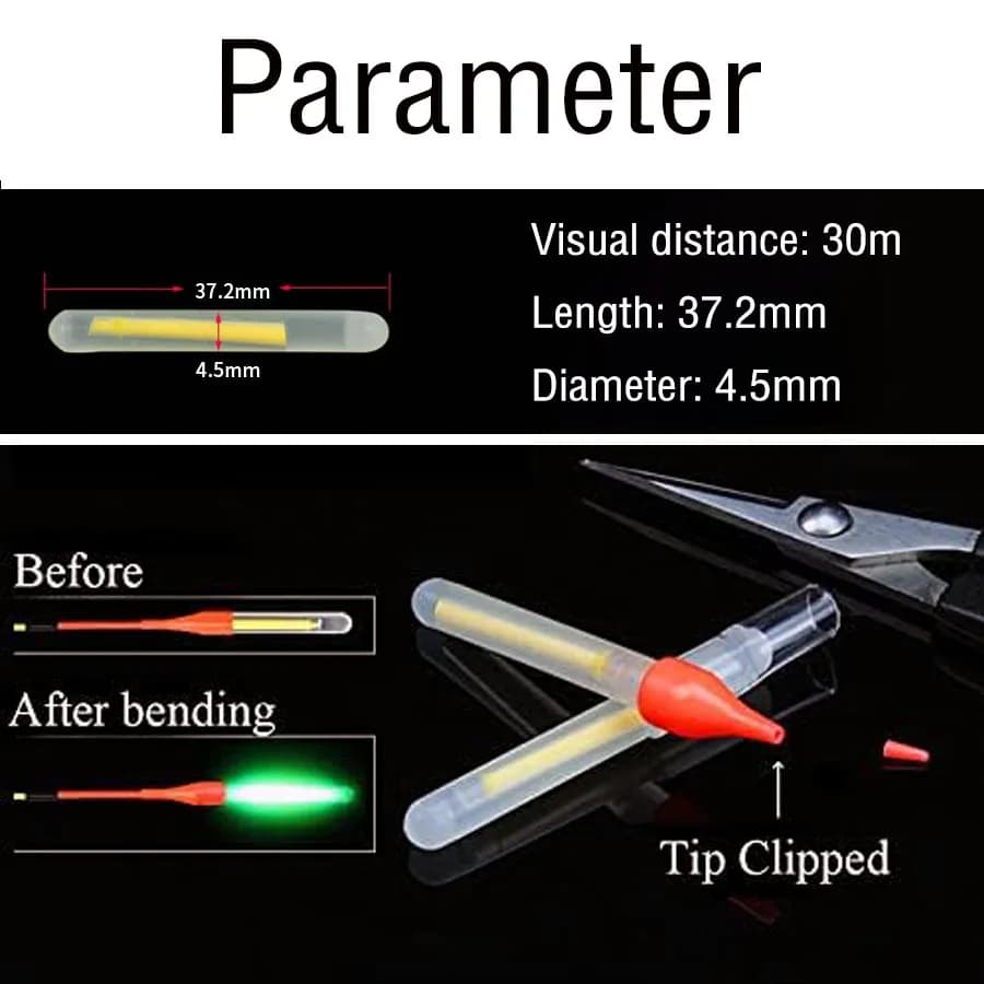 Bâtons lumineux fluorescents 4.5mm pour flotteurs et alarmes de pêche - Lot de 10 pièces avec 2 packs