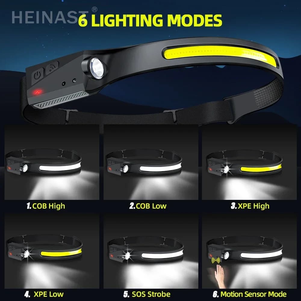 Lampe frontale à induction COB LED 5 modes avec capteur automatique pour pêche pratique