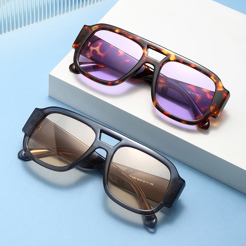 Lunettes de soleil carrées vintage pêche femme double pont large monture couleur bonbon jambes larges