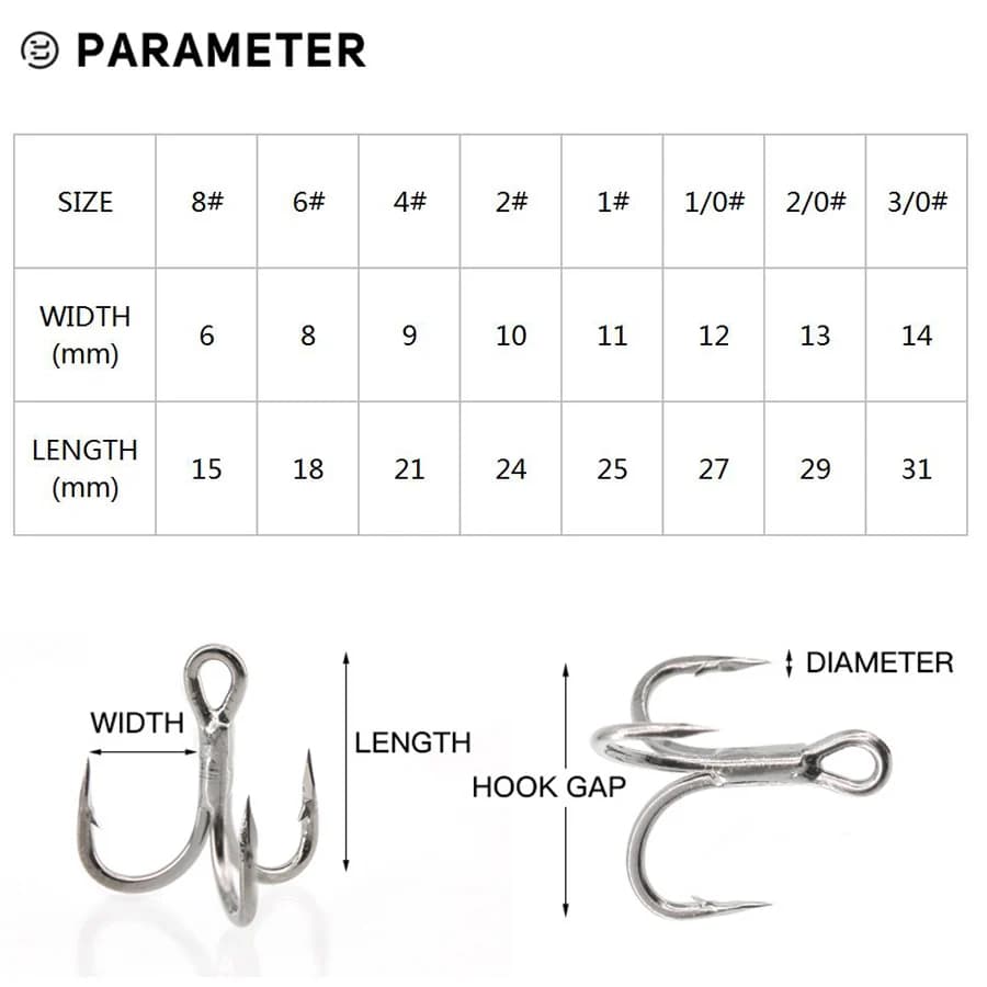 Hameçons triples pêche gros poissons 10 pièces tailles 8# à 3/0 pour leurres durs carnassiers
