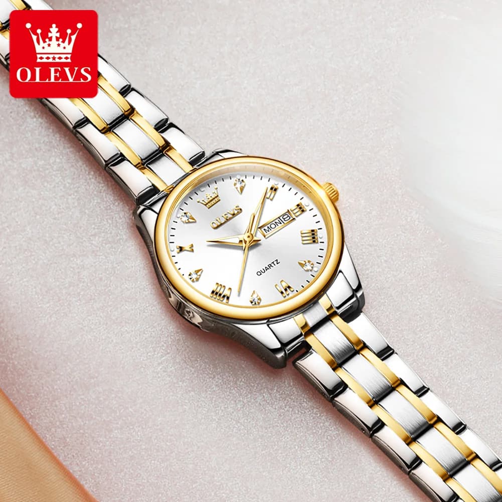 Montre femme luxe OLEVS diamants or acier inoxydable étanche calendrier date cadran lumineux bracelet métal