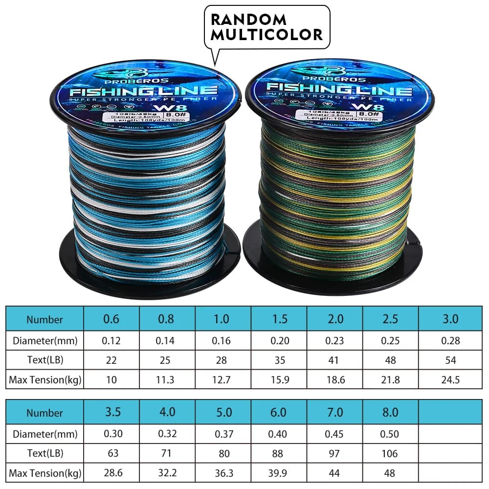 Ligne de pêche tressée Proberos 8 brins PE multifilament, anti-abrasion Blue Camo 20-106LB pour 109 yards