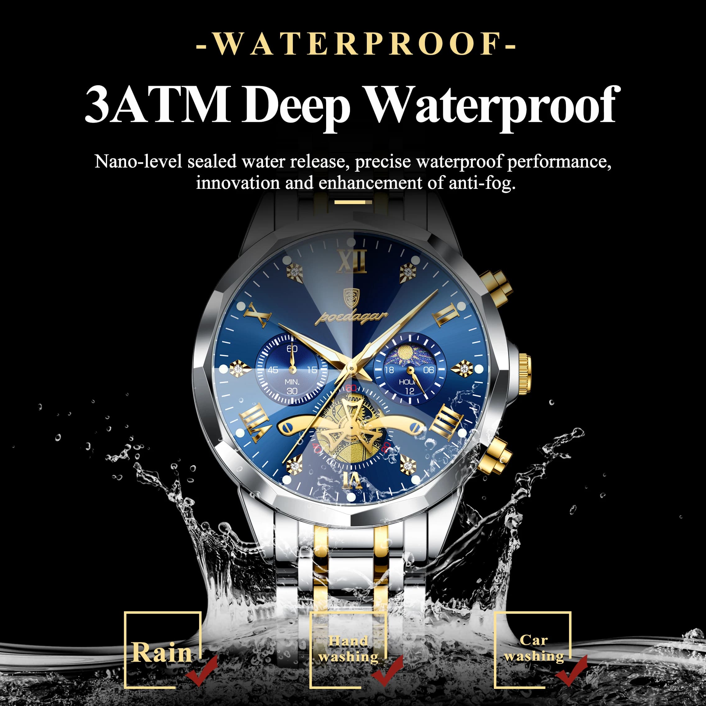 Montre homme luxe POEDAGAR étanche lumineuse chronographe acier inox quartz bracelet original cadeau
