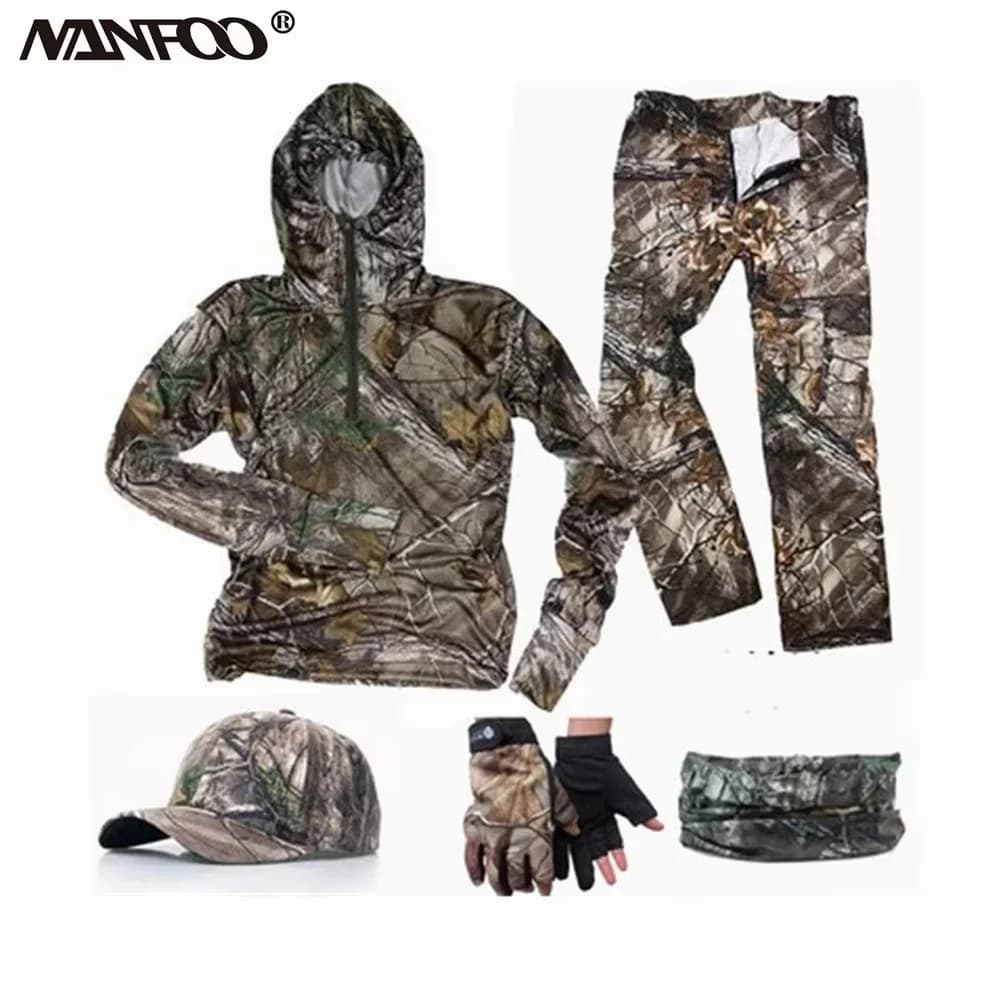 Tenue camouflage bionique arbre été léger pêche vêtements 5 pièces respirant sport extérieur sweat pantalon chapeau