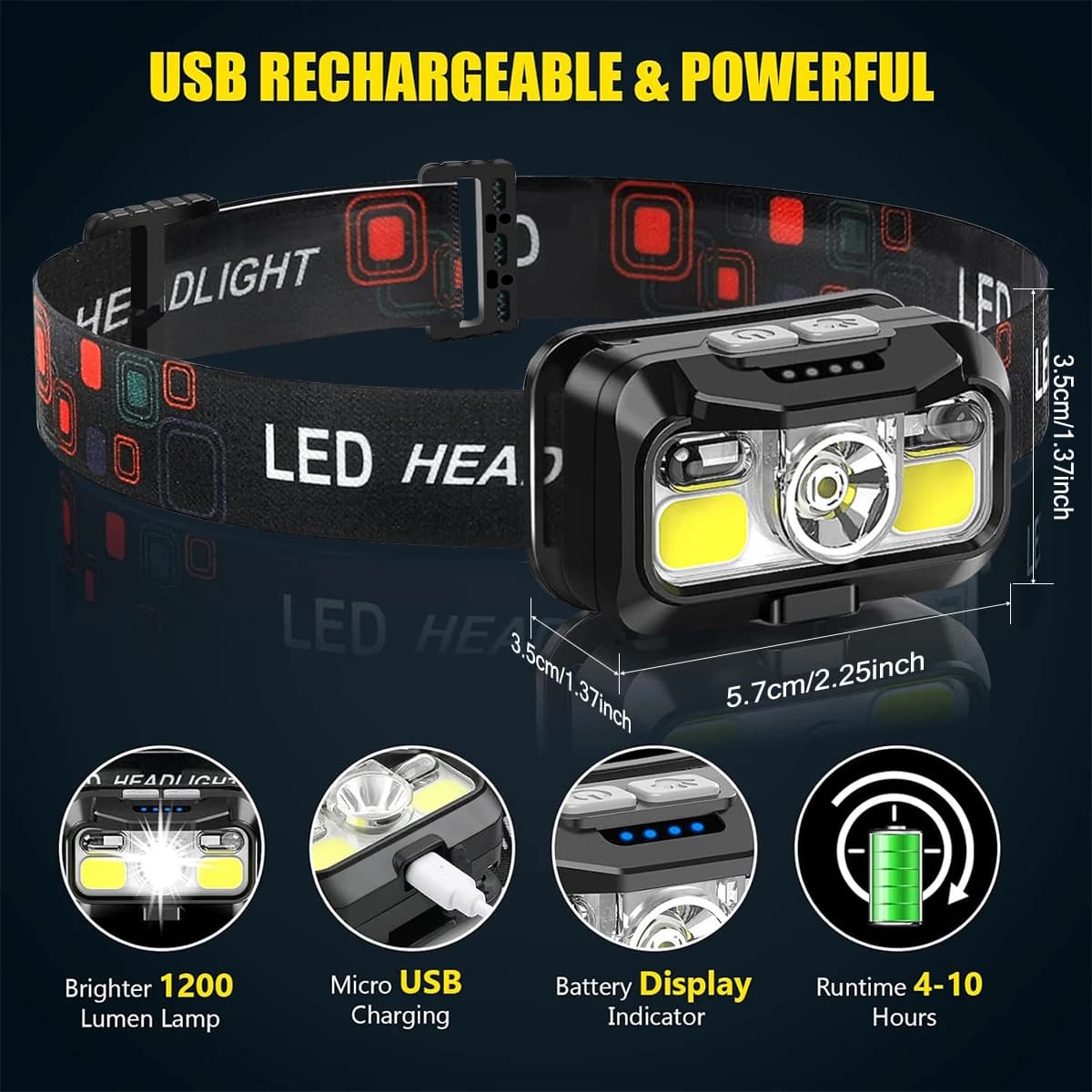 Lampe frontale rechargeable 1200 lumens détecteur de mouvement étanche LED lumière blanche et rouge pêche