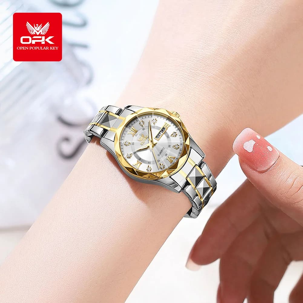 Montre femme OPK acier quartz double calendrier étanche avec éclairage nocturne - Modèle 6023
