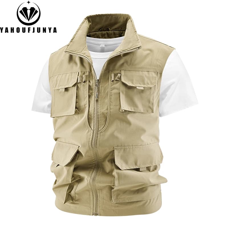 Gilet pêche homme été multiples poches - Col montant solide sans manches - Veste outdoor respirante