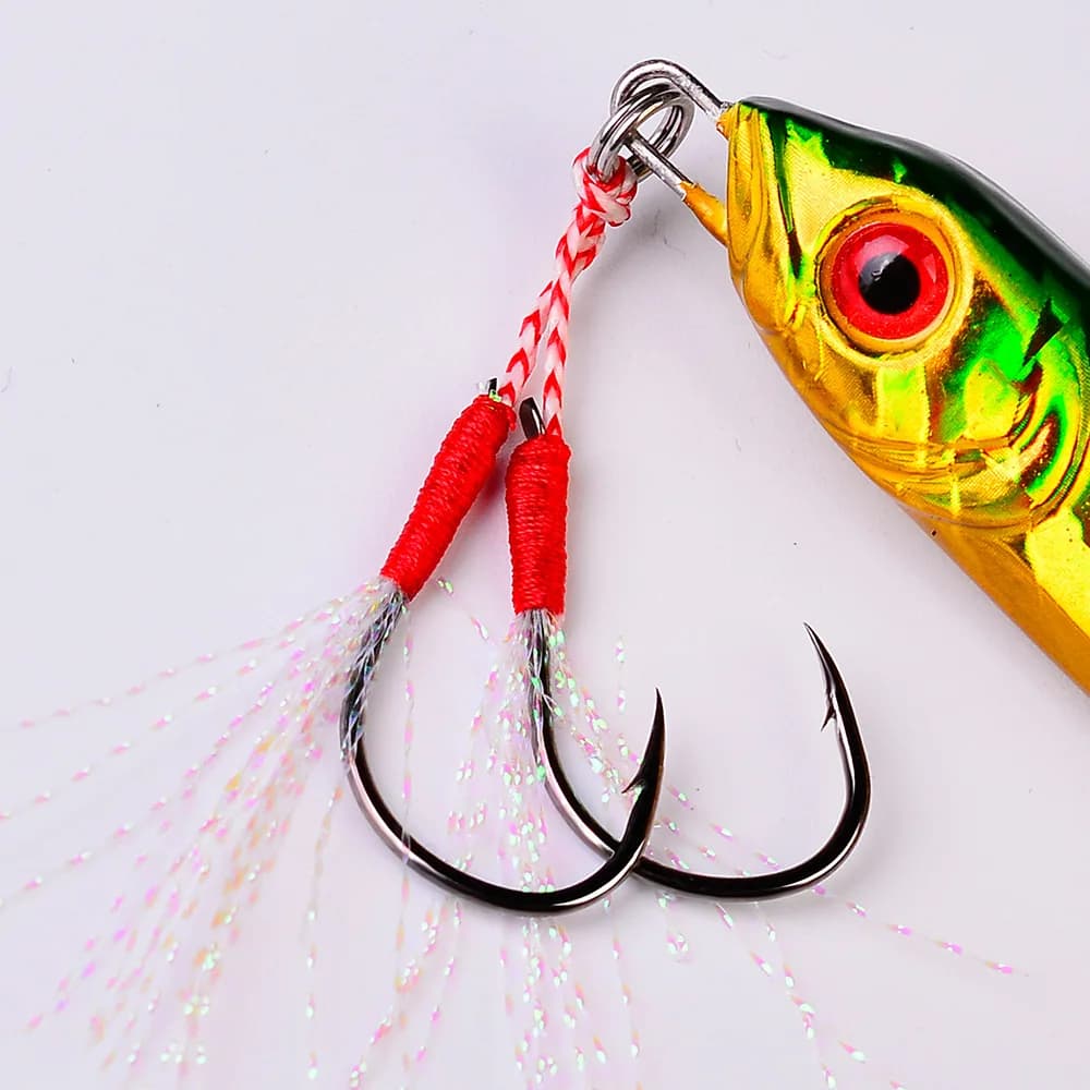 Lot de 10 hameçons doubles pour pêche leurre jigging lent, plumes et acier haute carbone pour
