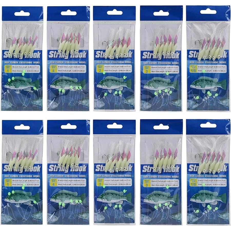 Lot de 10 montages sabiki mer avec peau de poisson réelle et effet luminescent pour pêche du maquereau