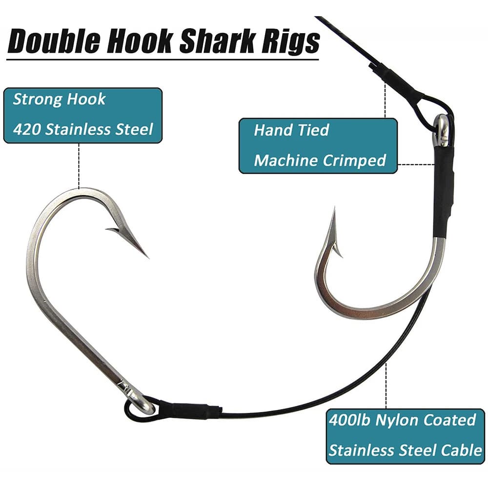 Montage requin double hameçon thon - Câble acier 400lb 4 ou 2 pièces - Leader anti-dent pour pêche gros