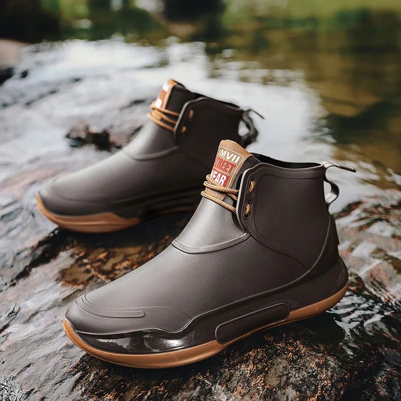 Bottes de pluie courtes homme lacets antidérapantes pour pêche travail extérieur étanches