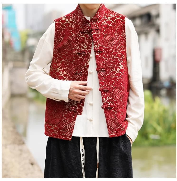 Veste traditionnelle chinoise rouge pêche - Veste Tang jacquard à boucles pour pêcheurs élégants