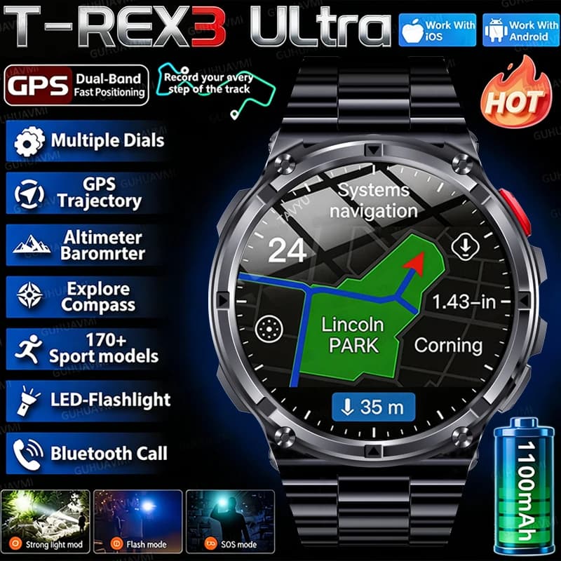 Montre T-Rex3 Pro 2026 - Batterie 1100mAh, GPS Trajet, Étanche 5ATM, Boussole Militaire Smartwatch Outdoor
