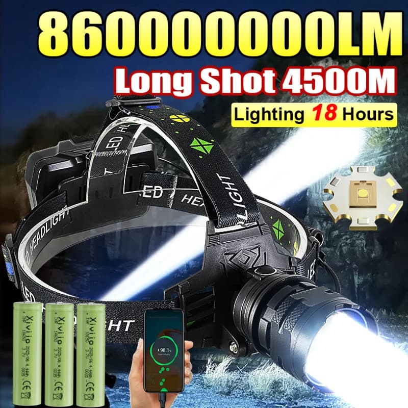 Lampe frontale pêche ultra puissante 860000 lumen portée 4500m rechargeable chasse