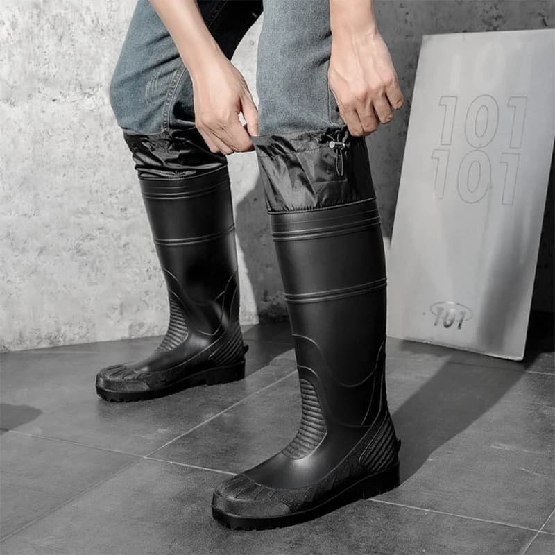 Bottes pêche hautes noires réglables lacets PVC - Chaussures antidérapantes travail ferme